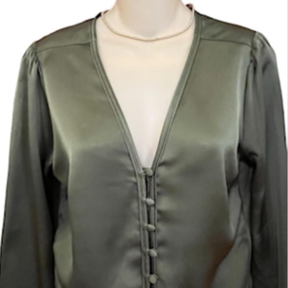 Satin Tie-Front Long-Sleeve Top - Olive Green - Picture 2 of 8